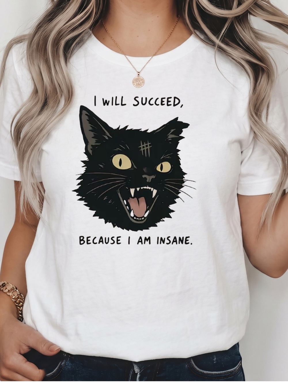 Gildan I Will Succeed Because I Am Insane Black Cat shirt, Cat Meme Tee